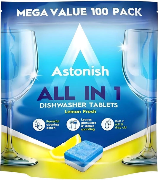 Astonish All In 1 Dishwasher Tablets Lemon Built Salt Rinse Aid 100 Washing Tabs
