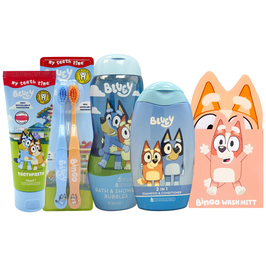 Bluey Toothbrush Toothpaste Wash Mitt Bubble Bath Shampoo-Conditioner Bundle Set