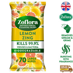 Zoflora Antibacterial Multi Surface Cleaning 70 Large Wipes Lemon Zing