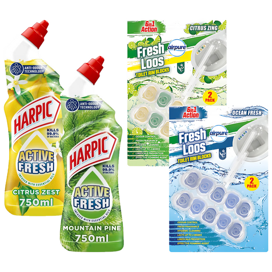 Harpic Active Fresh Citrus & Mountain Pine 750ml | Airpure Fresh Loos Toilet Rim Blocks Citrus Zing & Ocean Fresh (2 X 50G) Bundle