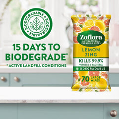 Zoflora Antibacterial Multi Surface Cleaning 70 Large Wipes Lemon Zing