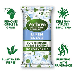 Zoflora Linen Fresh Cuts Through Grease Grime Multi Surface Cleaning 70 Wipes