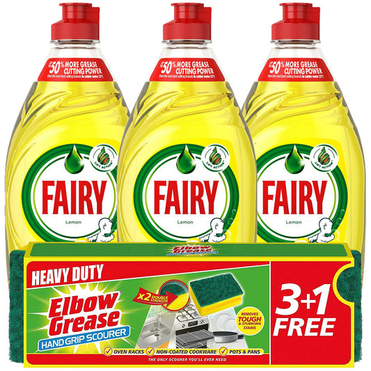 Fairy Washing Up Liquid Kitchen Scourer Dish Grease Cleaner Bundle Lemon 320ml