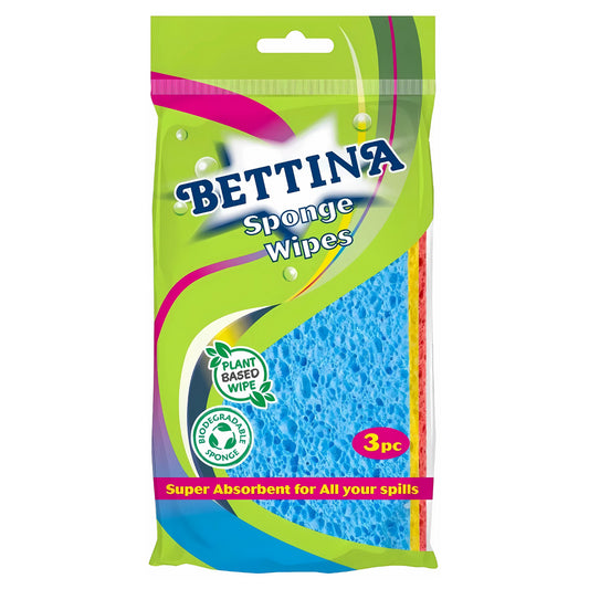 Bettina Sponge Wipes Super Absorbent All Your Spills 3pc Streak-Free Cleaning