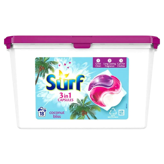 Surf 3 in 1 Capsules Coconut Bliss Long Lasting Fragrance Laundry Pods 18 Washes