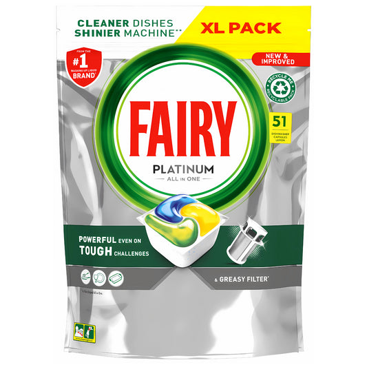 Fairy Platinum Dishwasher 51 Tablets Lemon Scent Grease Cleaner Dirt Remover
