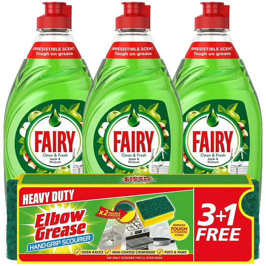 Fairy Washing Up Liquid Kitchen Scourer Dish Cleaner Bundle Apple Rhubarb 320ml