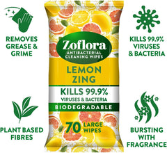 Zoflora Antibacterial Multi Surface Cleaning 70 Large Wipes Lemon Zing