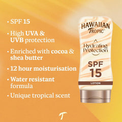 Hawaiian Tropic Hydrating Protection Sunscreen Lotion SPF 15 UVA + UVB Cocoa & Shea Butter 180ml