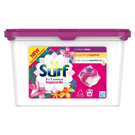 Surf 3 in 1 Capsules Tropical Lily Long Lasting Fragrance Laundry Pods 18 Washes
