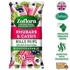Zoflora Antibacterial Multi Surface Cleaning 70 Large Wipes Rhubarb & Cassis