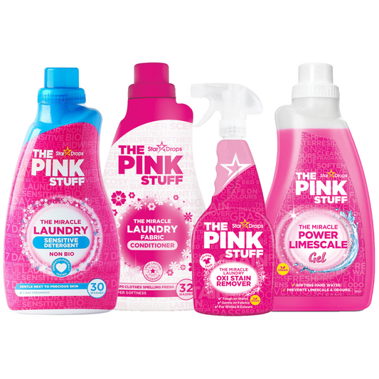 The Pink Stuff Miracle Cleaning Laundry 4 Pack Bundle | Sensitive Non Bio, Fabric Conditioner, Oxi Stain Remover, Power Limescale Gel