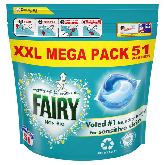 Fairy Laundry Detergent Liquid Washing Pods Capsules Non Bio 51 Washes