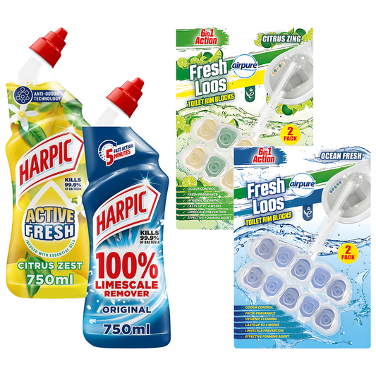 Harpic Active Fresh Citrus & Original 750ml | Airpure Fresh Loos Toilet Rim Blocks Citrus Zing & Ocean Fresh (2 X 50G) Bundle