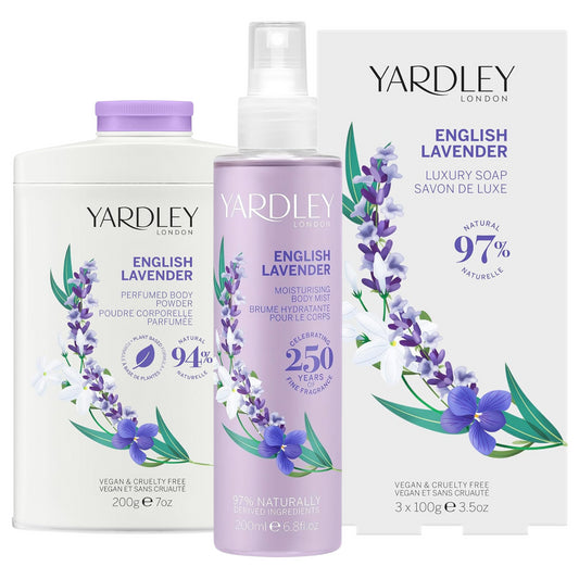 Yardley London English Lavender Bundle Body Powder 200g, Mist 200ml, Soap 3X100g