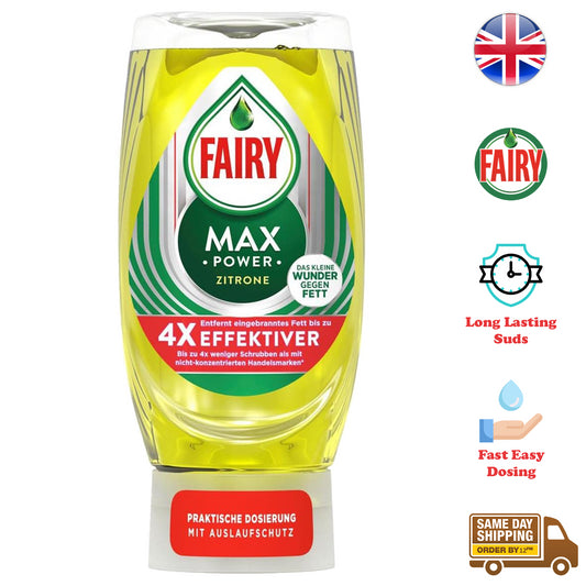 Fairy Max Power Washing Up Liquid Kitchen Dish Grease Cleaner Lemon 370ml