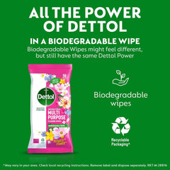 Dettol Flower Power Scented Multipurpose Surface Cleaning Biodegradable 50 Wipes
