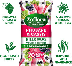 Zoflora Antibacterial Multi Surface Cleaning 70 Large Wipes Rhubarb & Cassis