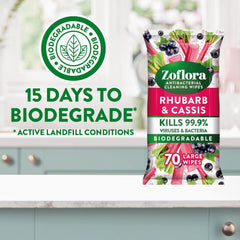 Zoflora Antibacterial Multi Surface Cleaning 70 Large Wipes Rhubarb & Cassis