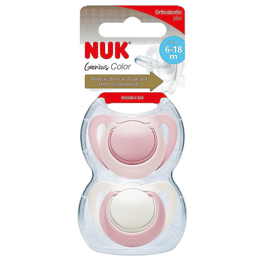 Nuk Genius Newborn Baby Dummies Soft & Flexible Silicone Pink Soothers 2Pk 6-18M