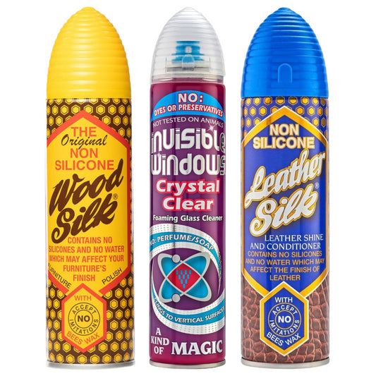 Aristowax Glass Cleaners, Non-Silicone Wood Silk & Leather Silk Spray Bundle Set