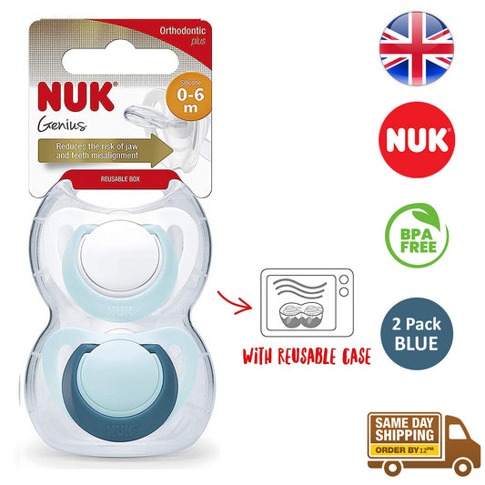 Nuk Genius Newborn Baby Dummies Soft & Flexible Silicone Blue Soothers 2Pk 0-6 M