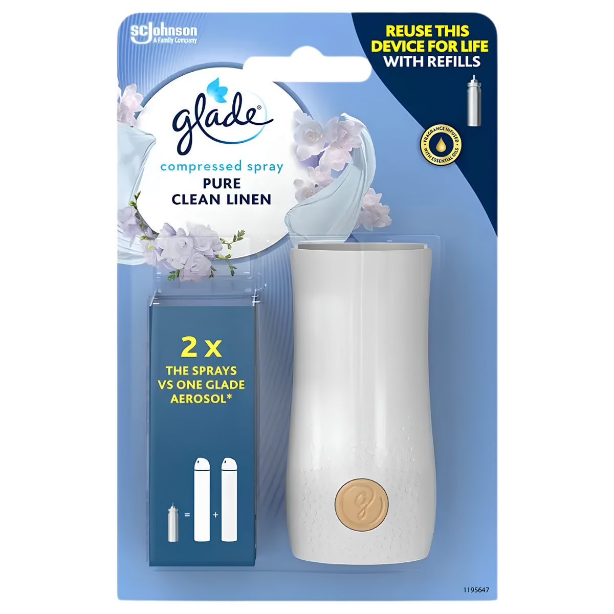 Glade Compressed Spray Holder Pure Clean Linen 10ml Air Freshener Refill Machine