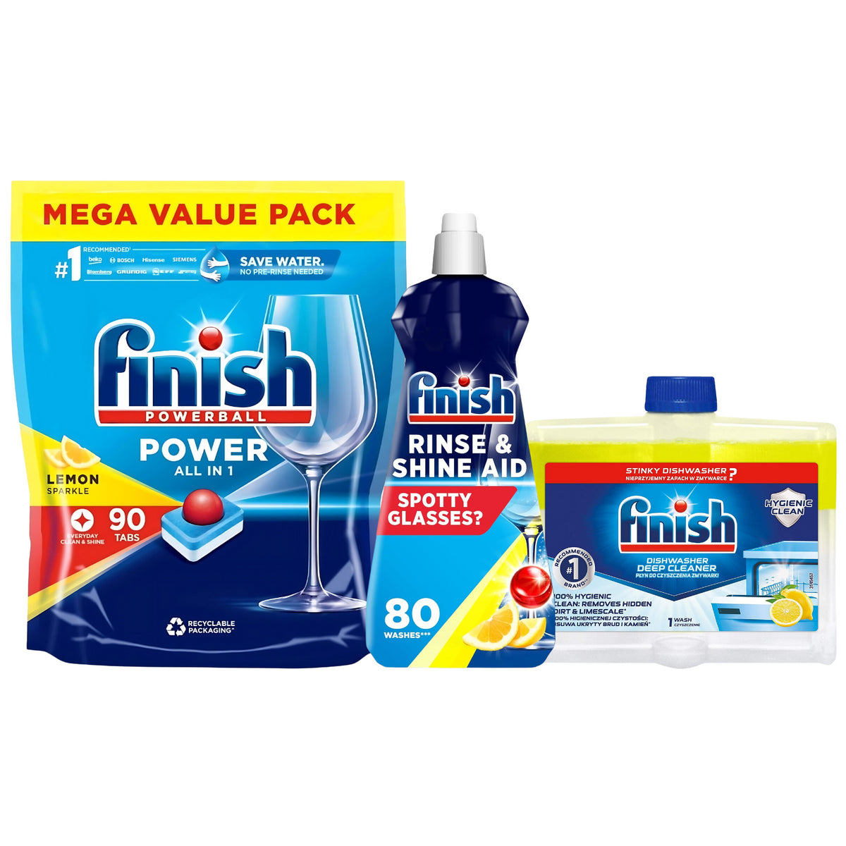 Finish Powerball Rinse Shine Deep Hygienic Cleaner Lemon Dishwasher Bundle Set