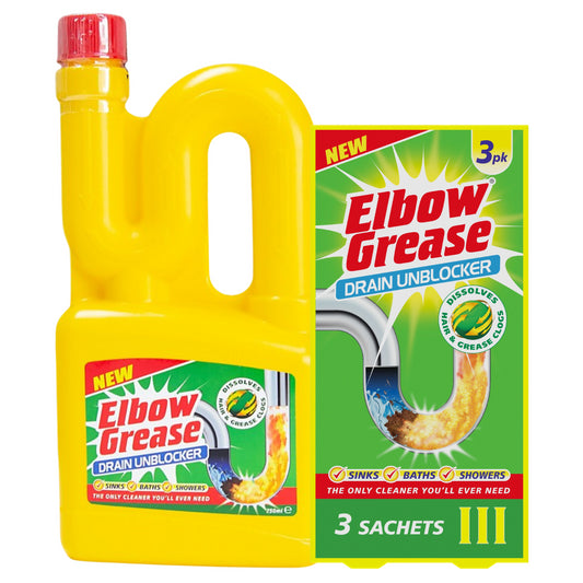 Elbow Grease Drain Unblocker Liquid & Powder Clean Hair Clog Bundle Set