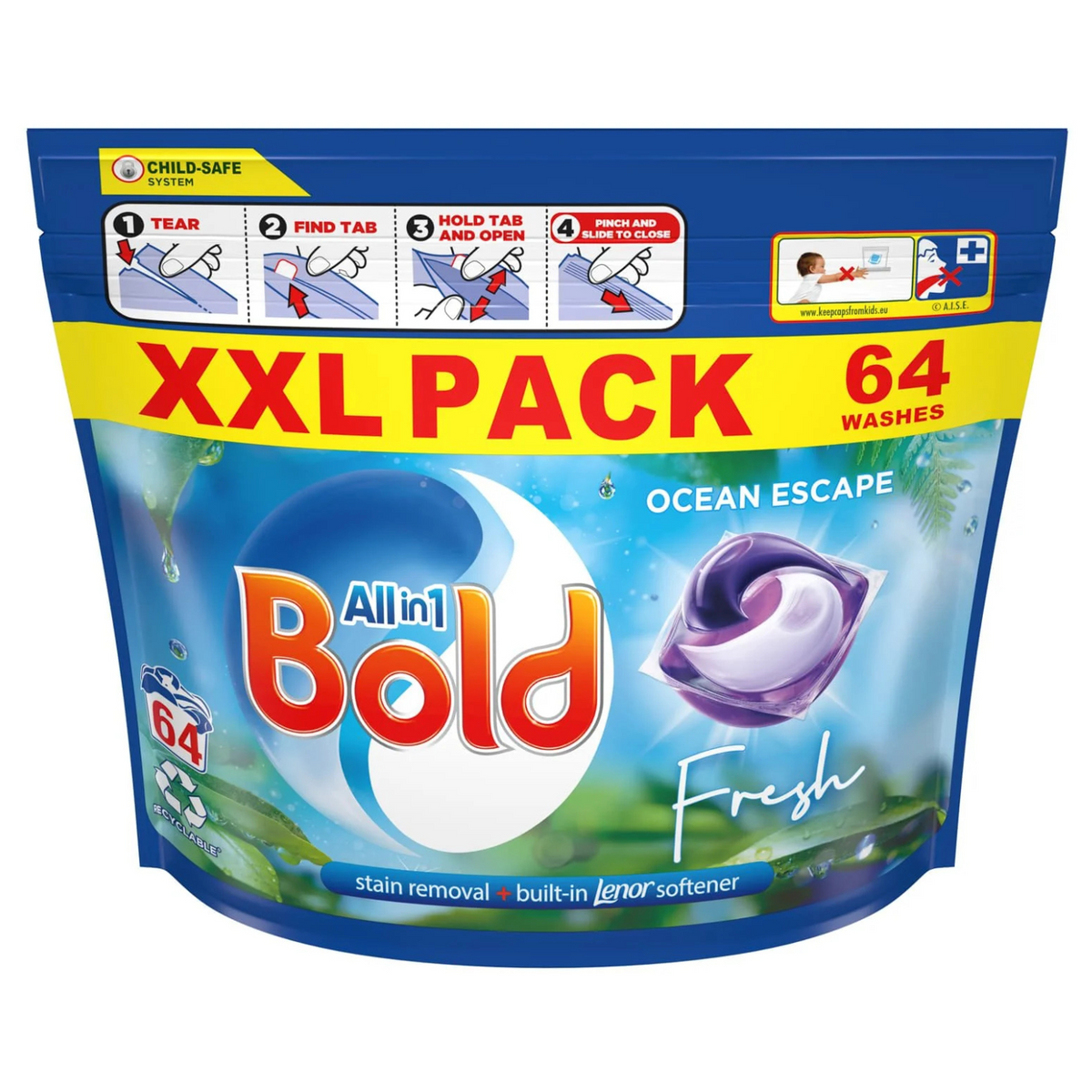 Bold Ocean Escape Fresh Washing Detergent Capsules Pods Fabric Clothes 64 Washes