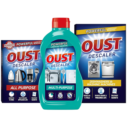 Oust Powerful Descaler Bundle | Multipurpose Bottle, All Purpose Sachets, Dishwasher & Washing Machine Sachets