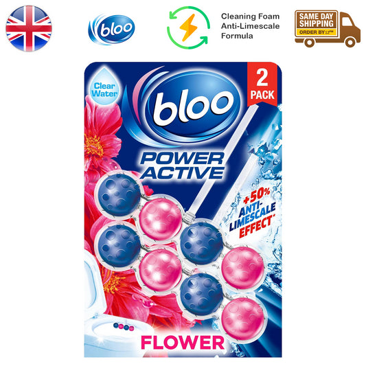 Bloo Power Active Toilet Rim Block Freshener Anti Limescale Twin Pack Flower 50G