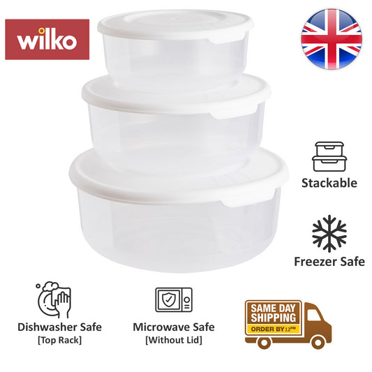 Wilko Round Food Storage Container Clear Plastic Picnic Lunch Box With Lid 3Pk