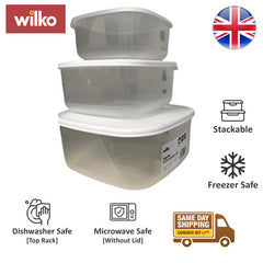 Wilko Square Food Storage Container Clear Plastic Picnic Lunch Box With Lid 3Pk
