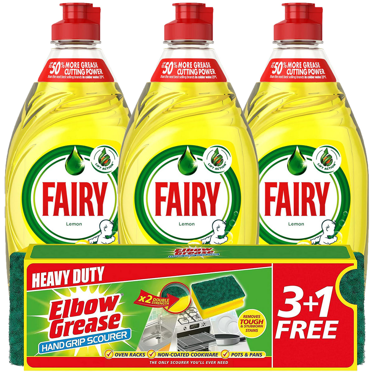 Fairy Washing Up Liquid Kitchen Scourer Dish Grease Cleaner Bundle Lemon 320ml