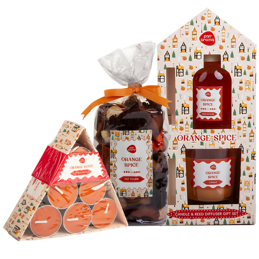 Pan Aroma Orange Spice Fragrance Bundle | Reed Diffuser & Candle Set, Tealights Candle & Pot Pourri