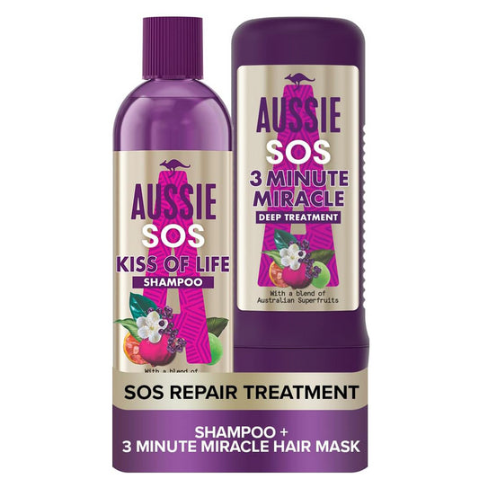 Aussie Sos Kiss Of Life Shampoo & Deep Treatment For Dry Damaged Hair Mask Set