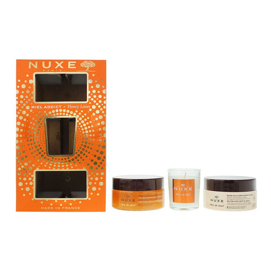 Nuxe Honey Lover 3 Piece Gift Set: Body Oil Balm, Nourishing Body Scrub, Candle