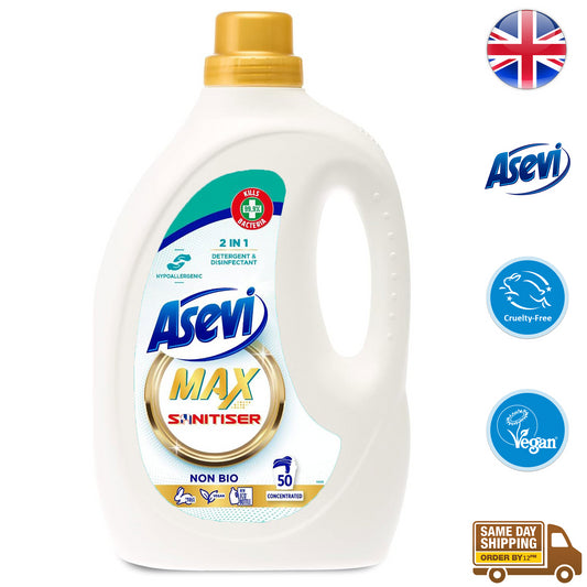 Asevi Max Sanitiser Non Bio 2 In 1 Laundry Detergent Disinfectant 50 Washes 2.5L