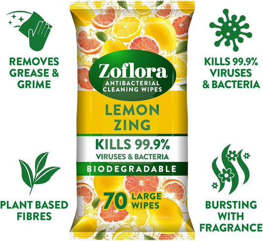 Zoflora Antibacterial Multi Surface Cleaning 70 Large Wipes Lemon Zing