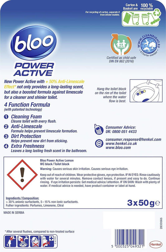 Bloo Power Active Toilet Rim Block Freshener Anti Limescale 3 Pack Lemon 50G