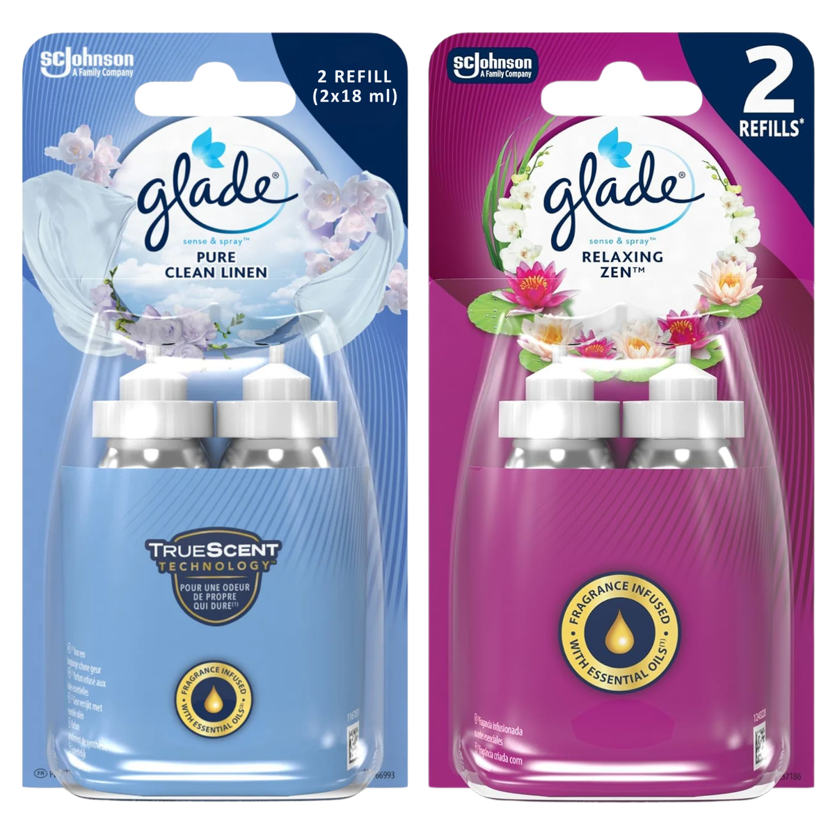 Glade Sense & Spray Air Freshener Refill, Clean Linen & Relaxing Zen Combo - Motion Activated Automatic Room Spray and Odour Eliminator for Home, Duo Pack (2 x 18ml)