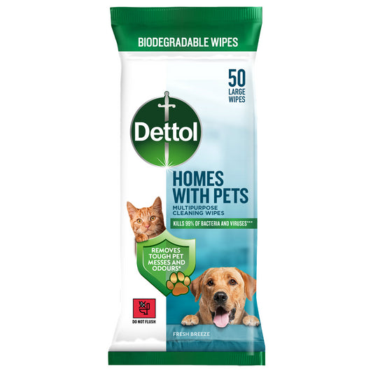 Dettol Wipes Multi Purpose Cleaner For Pets Mess Fresh Breeze 50 Large Wipe