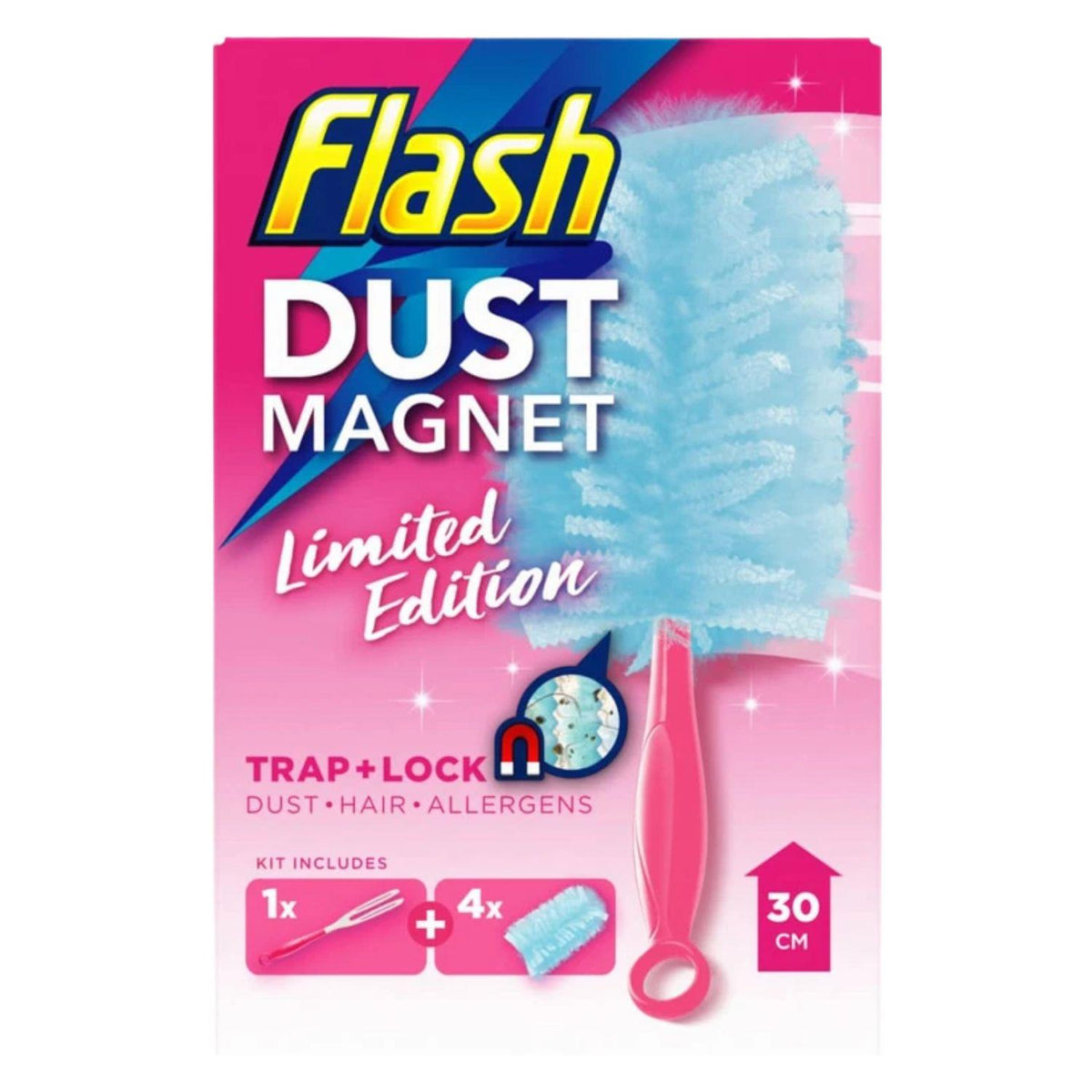 Flash Dust Standard Starter Magnet Duster TrapLock Pink Kit 1 Handle 4 Refills
