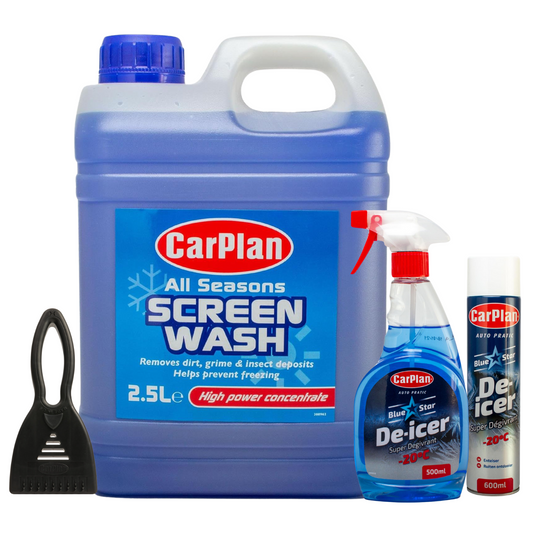 Carplan Bundle All Seasons Screen Wash Dirt Cleaner De Icer Spray Snow Scraper