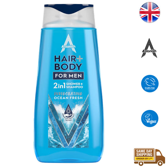 Astonish 2 In1 Shampoo Shower Gel Hair Body Wash For Men Ocean Fresh Vegan 400ml