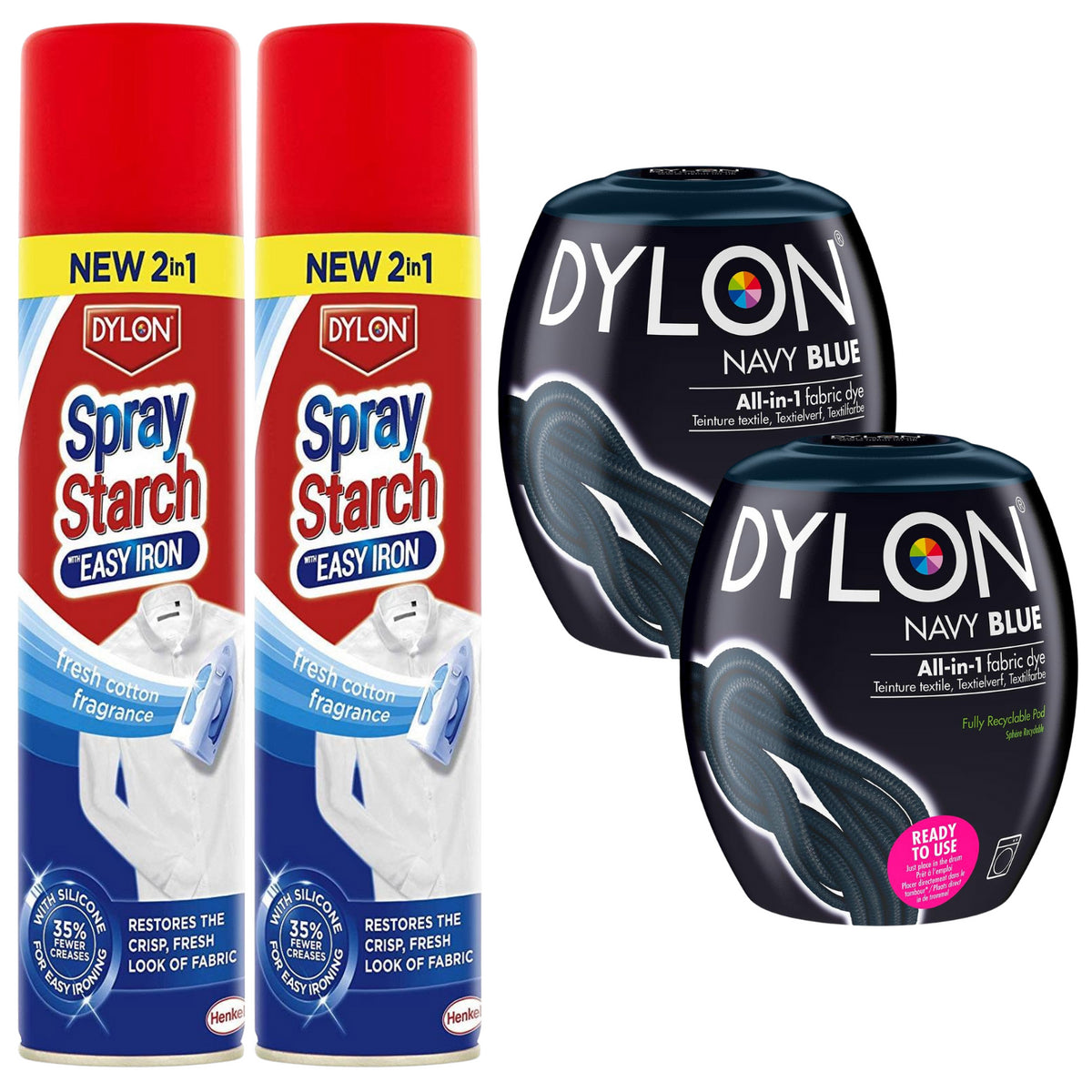 Dylon Strach Spray Crisp 300ml Fabric Dye Pod Washing Machine Navy Blue Bundle