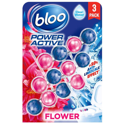Bloo Power Active Toilet Rim Block Freshener Anti Limescale 3 Pack Flower 50G
