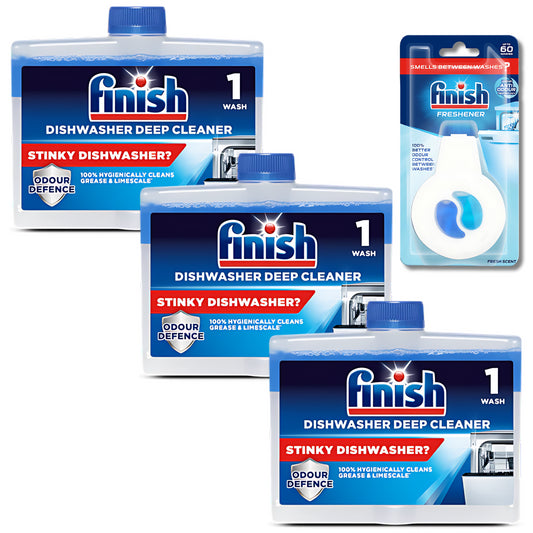 Finish Dishwasher Deep Cleaner X3, Freshener Scent X1 Odour Defence Bundle Set