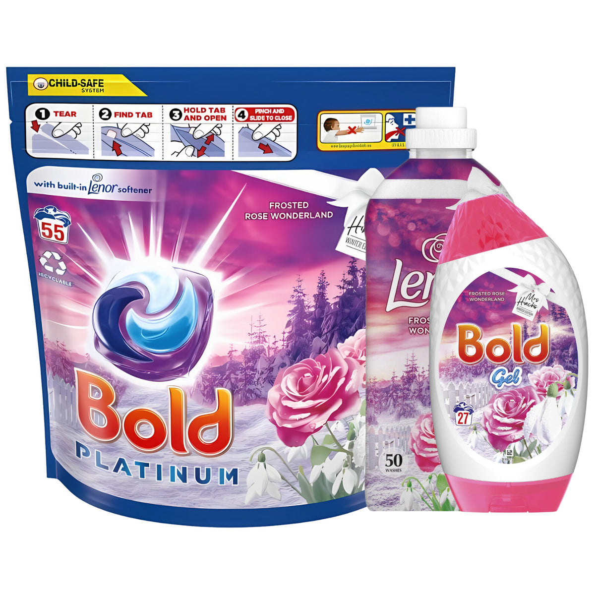 Bold Pods Laundry Detergent & Gel Lenor Fabric Conditioner Frosted Rose Bundle